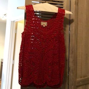 Semi sheer red appliqué top